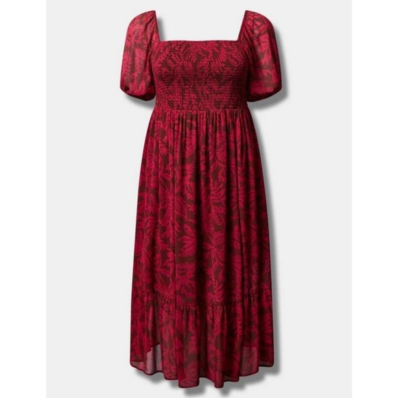 Torrid Women's Red Floral Tea Length Smocked Bodice A Line Midi Dress NWT - Picture 5 of 5